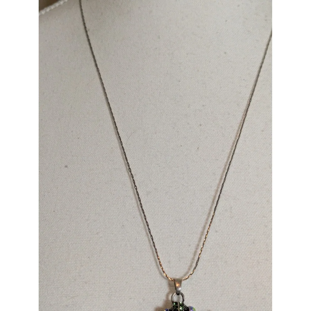 Tree Frog Pendant Necklace In Blue & Green Rhinestone Encrusted Silver Tone 22
